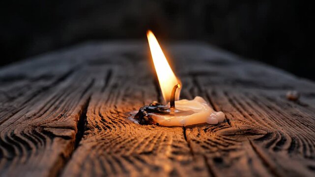 A lone candle flame dances on a rough hewn wooden table, casting a warm glow in the darkness.