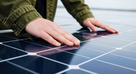 Person examining a blue solar panel with both hands, inspecting the surface grid technology