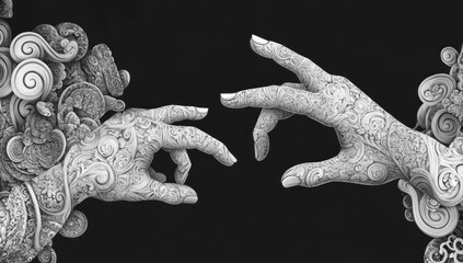 Ornate Abstract Hands Reaching with Intricate Patterns on Black Background