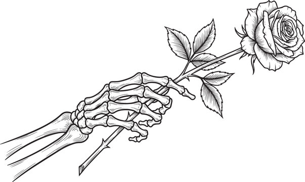 skeleton hand holding a rose with thorns and leaves