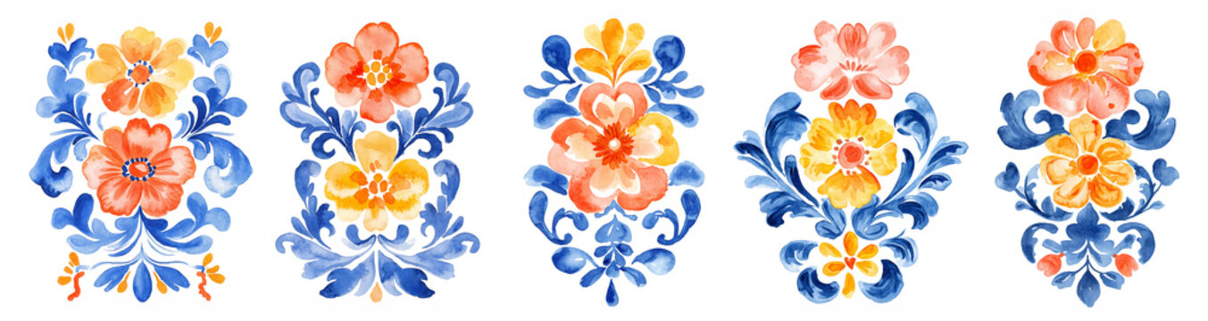 Blue Orange Watercolor Floral Decorative Pattern Bundle, Symmetrical Folk Style ethnic elements on White Background.