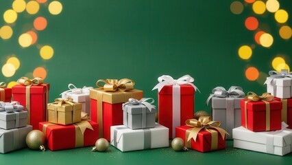 Minimalist christmas gift boxes in red white and silver on green background with bokeh