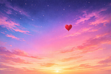 Fototapeta premium Romantic heart shaped balloon floating in vibrant sunset sky with stars