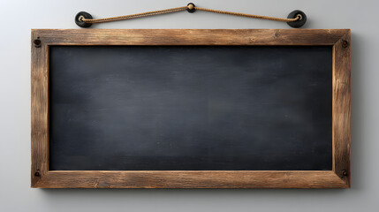 Blank chalkboard with a wooden frame hanging on white wall, perfect for educational and creative presentations