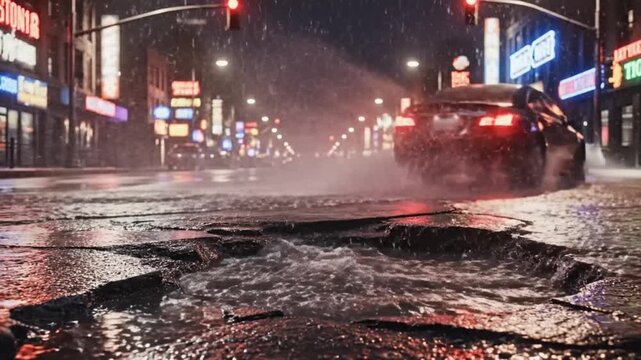 Urban street flooded with water at night with car driving through pothole
