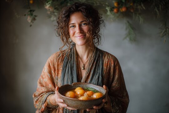 Woman with curly brown hair holding ponche in bowl, warm inviting smile, surrounded by greenery. Concept of festive Mexican tradition with hot fruit punch atmosphere.