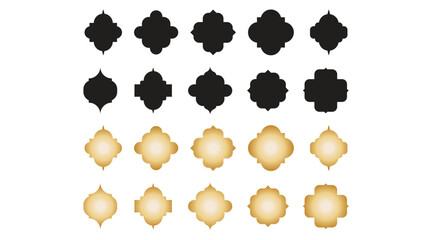 Decorative quatrefoil and ornamental tile shapes, black and gold traditional moroccan pattern design elements