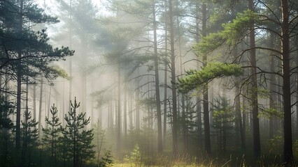 Fototapeta premium Ethereal Pine Forest Sunrise: Golden Sunbeams Pierce the Thick Morning Fog and Mist, Illuminating the Coniferous Woods and Lush Undergrowth.