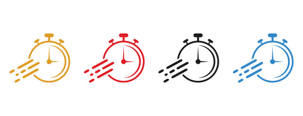 Chronometer icons in multiple colors, fast delivery and time management symbols with motion lines
