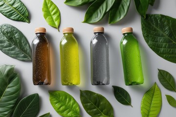 Flat lay composition of four plastic bottles containing colorful liquids arranged with fresh green leaves. Mockup for organic cosmetic, juice, or beverage branding on white background