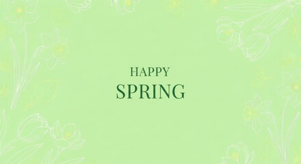 Happy spring greeting card design featuring floral outline on green background