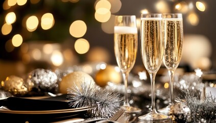Champagne flutes with festive decorations and bokeh lights for a New Year's Eve celebration