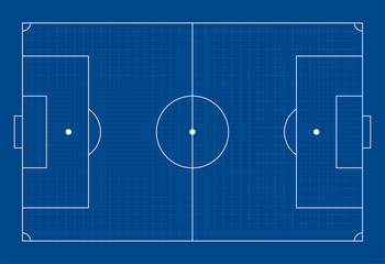 Soccer field blueprint style background with clean white line markings and grid layout on blue surface, showing full pitch plan in top view for sports design, presentation, and training visuals. © natrot