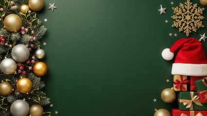 Elegant christmas frame with baubles and santa hat on dark green surface