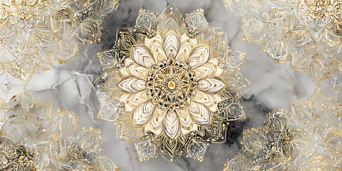 An intricate golden mandala design on a marble background showcasing floral patterns and details.