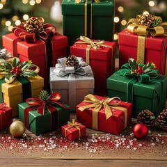 Abundant pile of colorful christmas presents with various wrapping styles and festive embellishments on rustic wooden floor