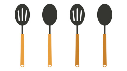 Large kitchen spoons with wooden handles, black slotted and solid cooking utensils for serving