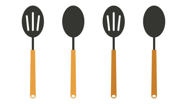 Large kitchen spoons with wooden handles, black slotted and solid cooking utensils for serving