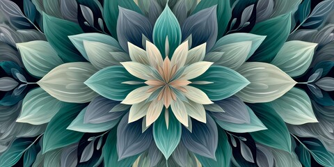 Obraz premium A vibrant abstract floral design featuring intricate layers of leaves and petals in shades of green and cream.