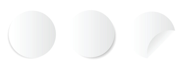 white circular paper stickers, blank round labels with realistic shadow and curled corner