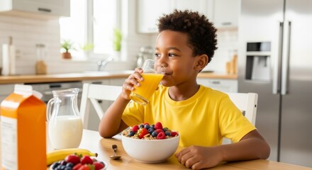 Healthy breakfast with cereal and fresh fruit for kids in bright kitchen setting