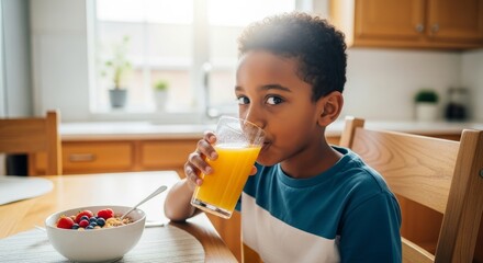 Child enjoying a healthy breakfast with juice and cereal in a bright kitchen