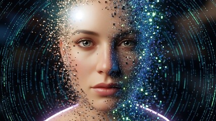 Futuristic woman face with digital particles and binary code.