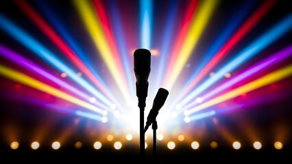 Silhouetted microphones on a brightly lit concert stage with vibrant lights and soft focus