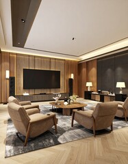 A luxurious and modern living room with comfortable seating, a large television, and elegant wooden accents.