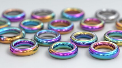 Close-up of glossy, multi-colored metallic rings arranged in a shallow depth of field