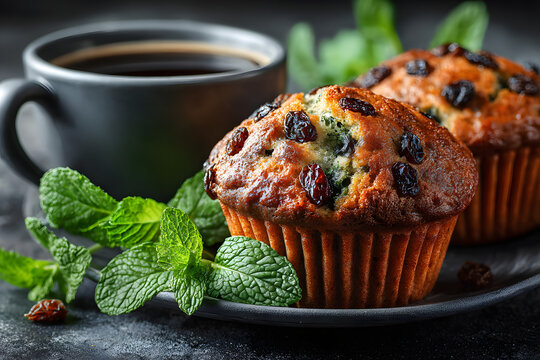 Tasty muffins with raisins, mint and coffee on grey table, flay lay