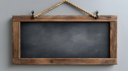 Blank chalkboard with a wooden frame hanging on white wall, perfect for educational and creative presentations