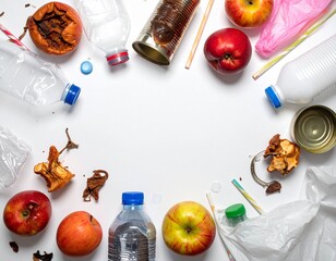 White background with garbage: crumpled plastic bottles, straws, shopping bags, apple cores, rotten apples, cans, all arranged around, big blank background in the middle, top view.