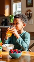 Child enjoying healthy breakfast with juice and cereal in sunlit kitchen