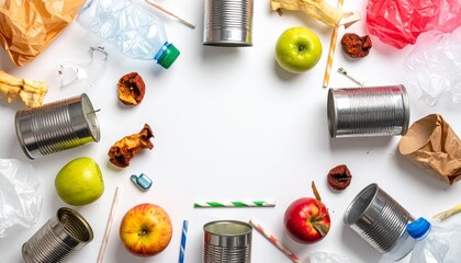White background with garbage: crumpled plastic bottles, straws, shopping bags, apple cores, rotten apples, cans, all arranged around, big blank background in the middle, top view.