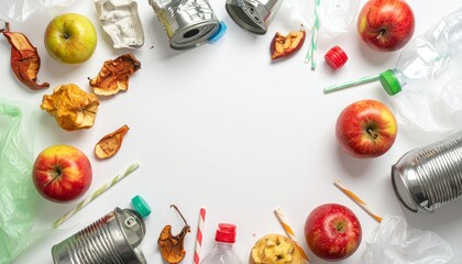White background with garbage: crumpled plastic bottles, straws, shopping bags, apple cores, rotten apples, cans, all arranged around, big blank background in the middle, top view.