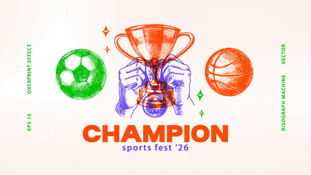 Banner with sport trophy, medal and cup in vintage risograph sketch style. Athletic victory, motivation, and team spirit concept. Overlay effect. Vector hand drawn halftone illustration