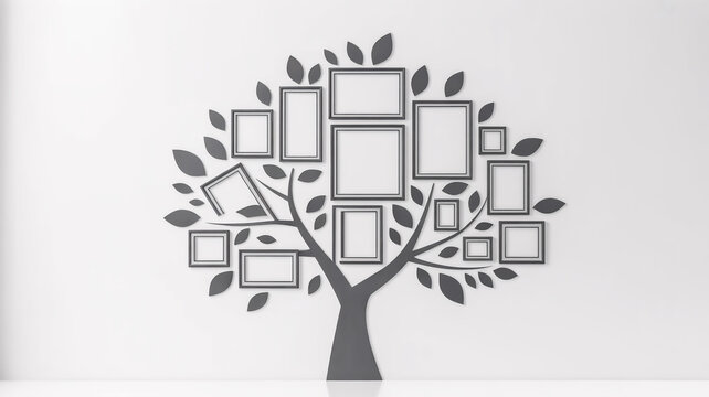 A whimsical family tree photo frame display on a white wall