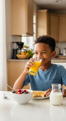 Cheerful child enjoying a nutritious breakfast with orange juice in a cozy kitchen setting