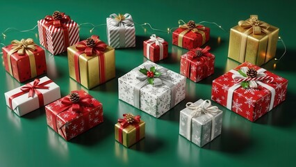 Collection of christmas presents displayed on a vibrant green surface with subtle string lights in background
