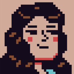 Pixel art portrait of woman with long hair. Retro 8-bit style character with calm expression, for game characters, avatars, profile icons, UI elements, stickers, and indie digital projects.