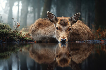 Fototapeta premium A serene deer rests by a calm body of water in a misty forest environment peacefully