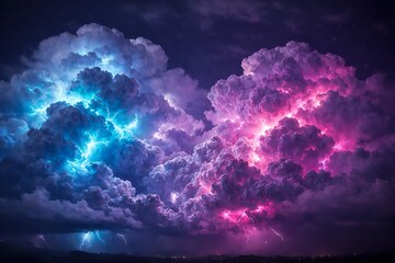 Electric storm clouds with glowing blue and pink lightning at night