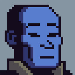 Pixel art portrait of fantasy humanoid character with blue skin. Retro 8-bit style illustration for game characters, avatars, profile icons, UI elements, stickers, and indie digital projects.