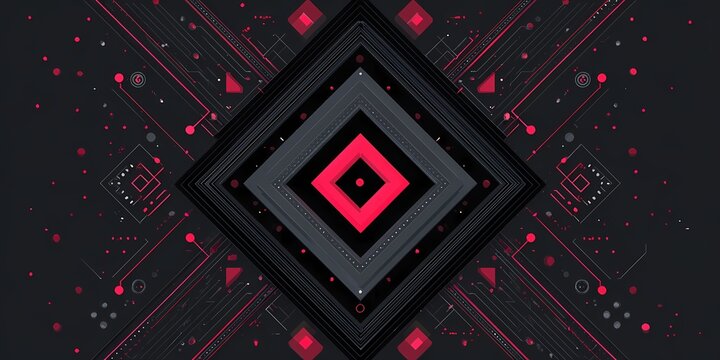 Abstract geometric design featuring diamond shapes in black and red against a dark background.