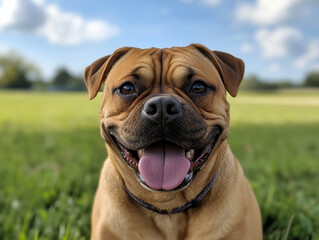 Happy brown dog tongue out smiling in grassy park under blue sky with clouds