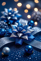 Blue and Silver Christmas Decorations with Bokeh glitter