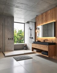 Modern bathroom with concrete walls, wooden accents, a large window, and a sleek shower area.