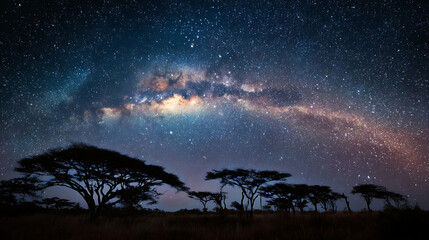 Acacia Trees Silhouetted Against The Milky Way Galaxy