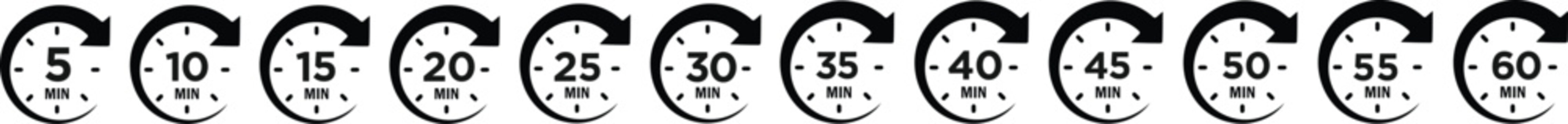 Timer, clock, stopwatch isolated set icons. Countdown timer symbol icon set. Label cooking time. Vector illustration.Set of analog clocks for every hour icon.Stopwatch icon from 1 to 60 minute timer